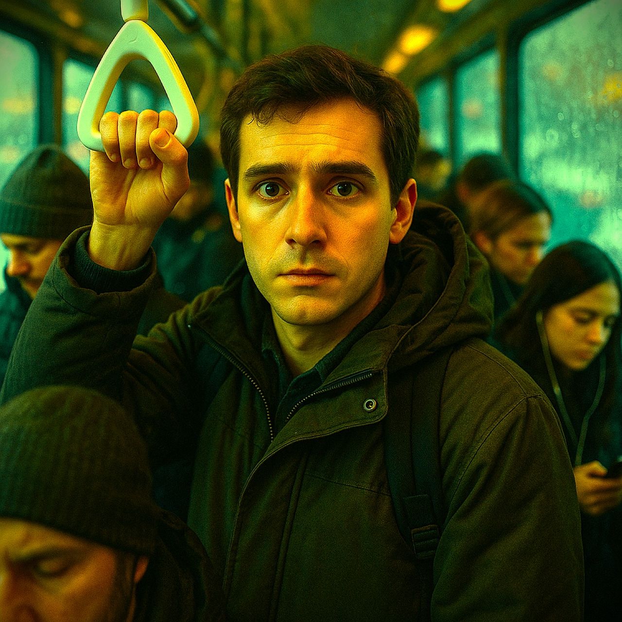 An anxious man in a crowded bus holds tightly onto a strap and stares at the viewer while other passengers stare at their phones.