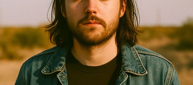 A portrait of Eli Mercer looking directly into the camera. He wears his trademark denim jacket and one of his favorite Rock and Roll T-shirts.