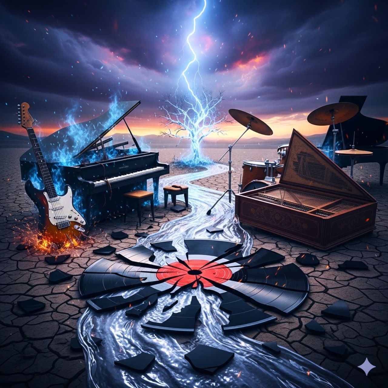 A desert landscape strewn with broken musical instruments.