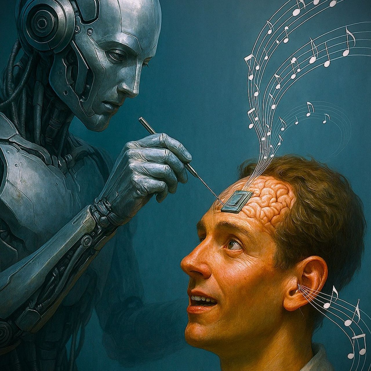 A beneficent automaton delicately slices the forehead of a trusting human supplicant