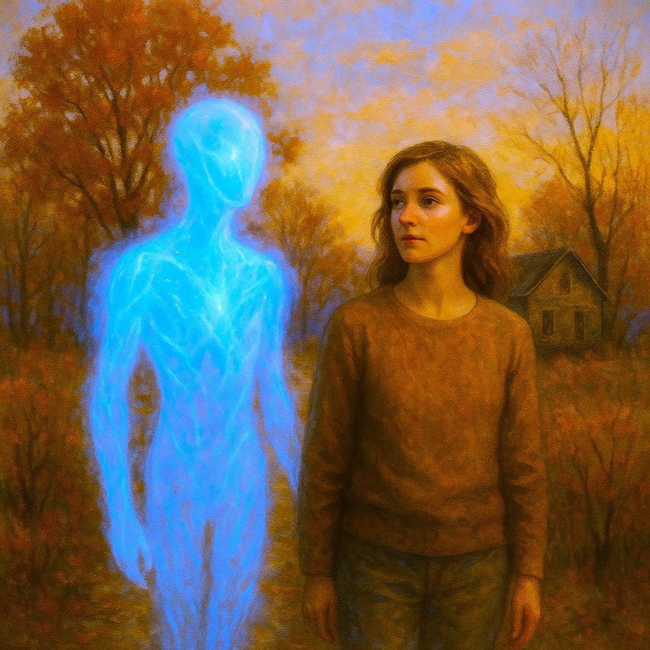 An ephemeral blue presence walks beside an anxious young woman on a cold autumn day.