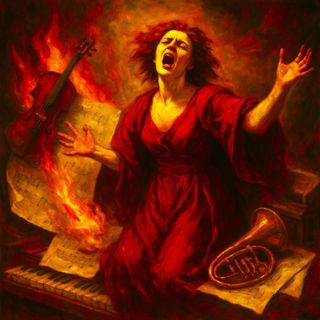 An opera singer floridly emotes as fire engulfs the piano on which she is sitting.