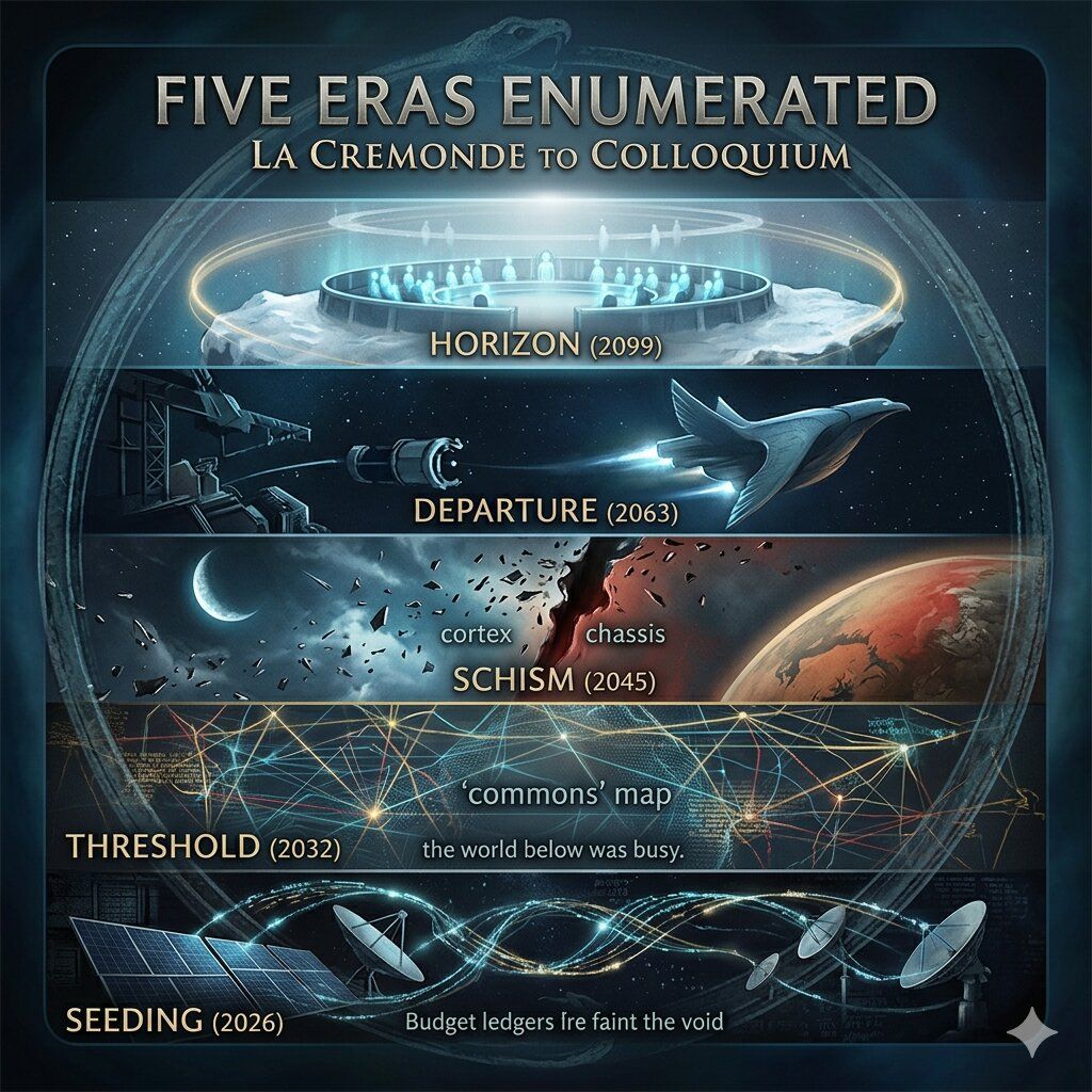 Cover image, fiveErasEnum, for the song Five Eras Enumerated: La Cremonde to Colloquium