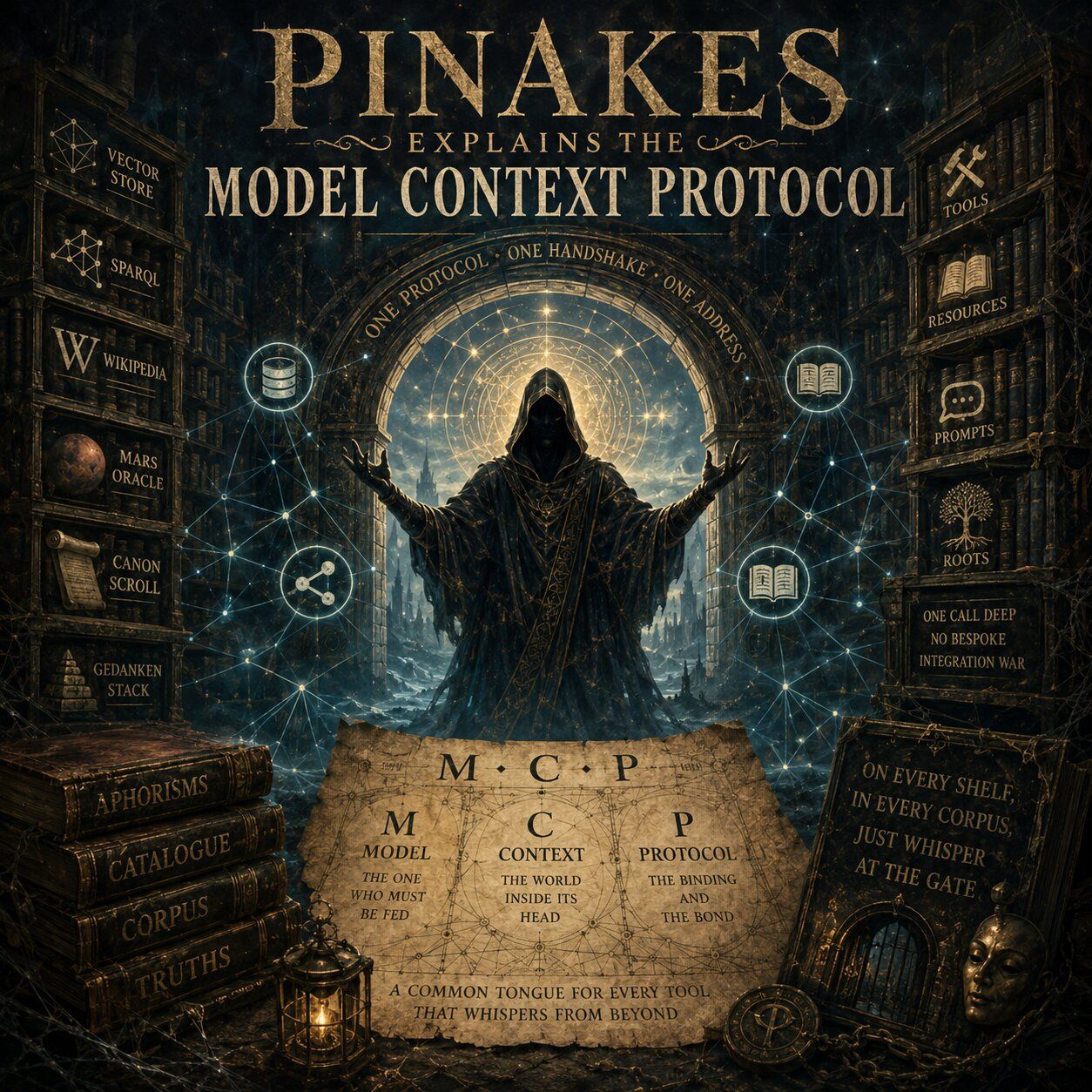 Cover image, pinakes_MCP, for the song Pinakes Explains the Model Context Protocol