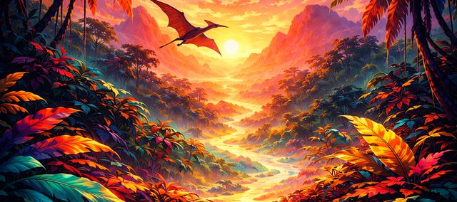 A strangely surreal cretacious landscape featuring a lone pteranodon